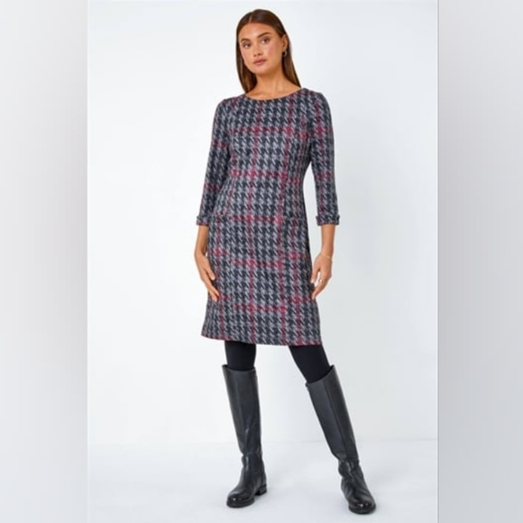 Chris McLaughlin Tweed Look Midi Dress With Pockets Black Maroon White Sz 10 - Picture 1 of 10